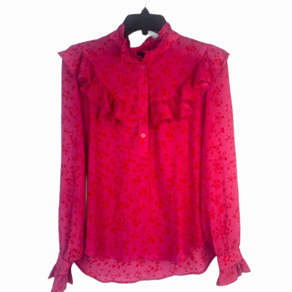 Ann Taylor Bright Pink‎ Long Sleeve Floral High Ruffled Neckline Blouse Small